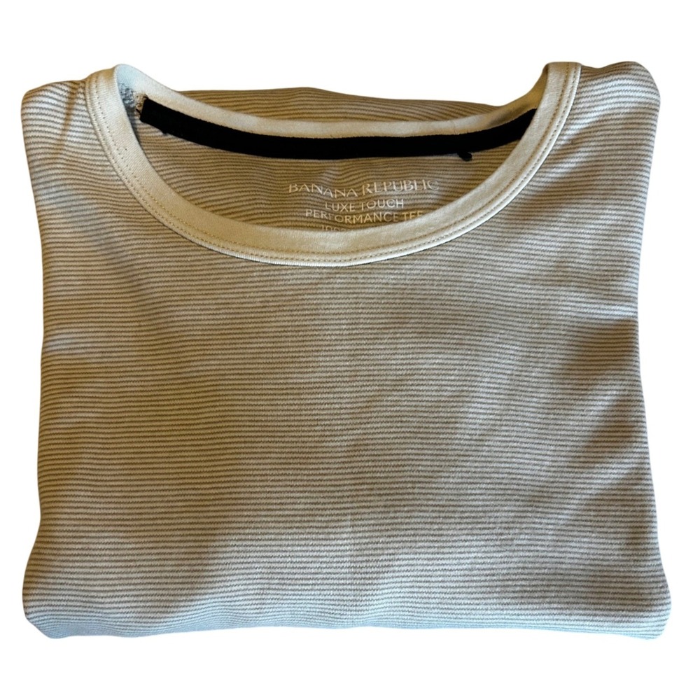 Banana Republic Luxe Performance Tee Mens XL Beige White Micro‎ Stripe Cotton